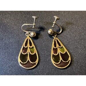 Vintage Stained Glass Screw Back Dangle Earrings